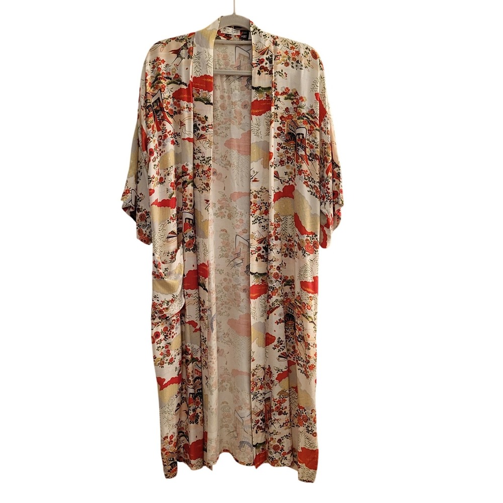 Vintage 1960s Made in Japan Rayon Kimono Style Hostess Robe, Floral Print Sz S